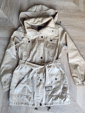 Like NEW - Nice Shimmery M Collection Beige Lightweight Rain Coat with Hood